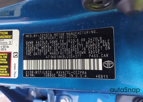 2020 Toyota Camry Xse z USA, uszkodzony, nr VIN 4T1K61AK9LU354377